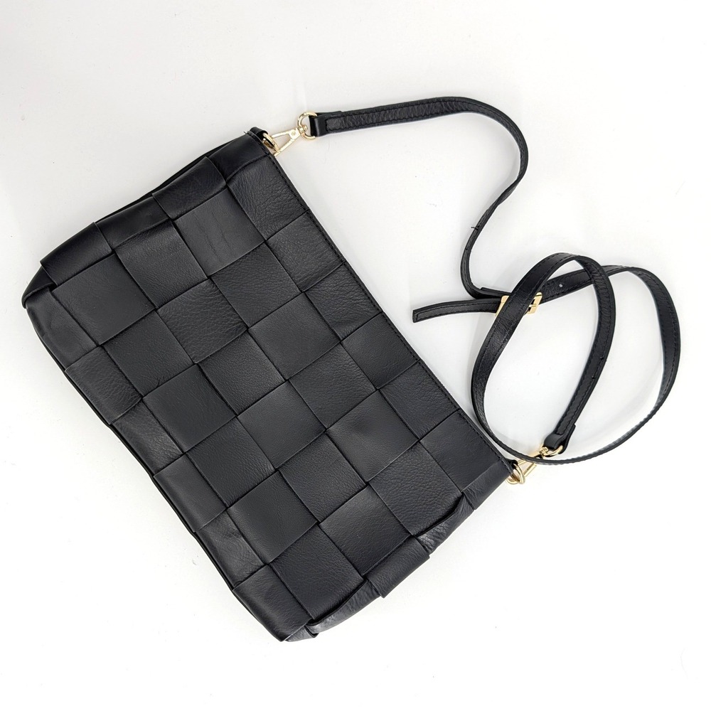 Anna Paola Black Woven Leather Crossbody Bag Made in Italy Gold Hardware
